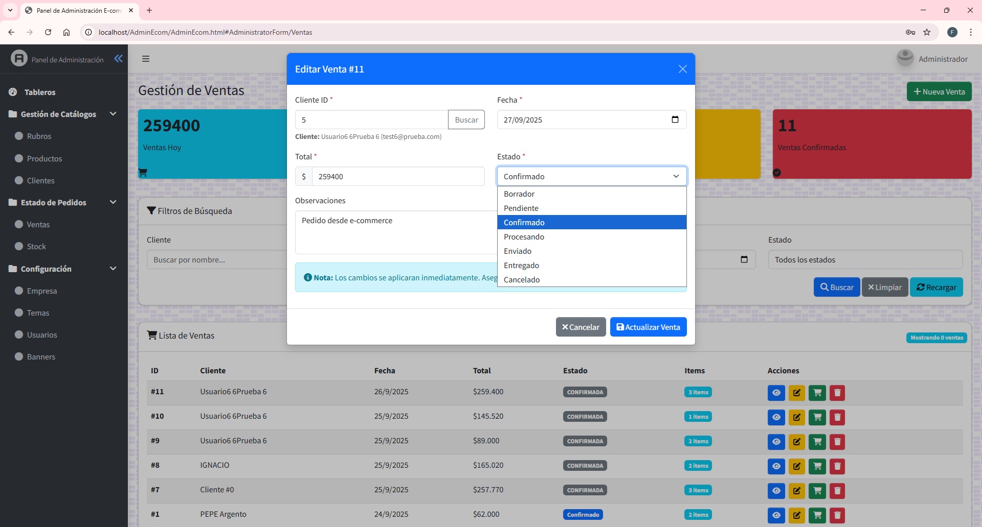 Administrador de pedidos del E-commerce
