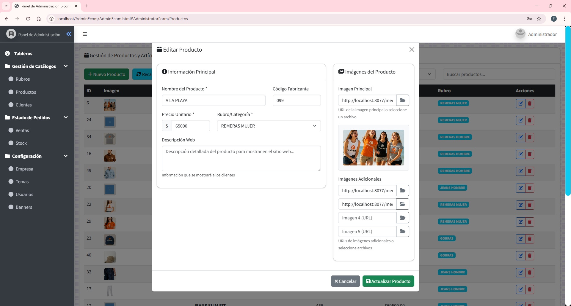 Administrador de productos del E-commerce